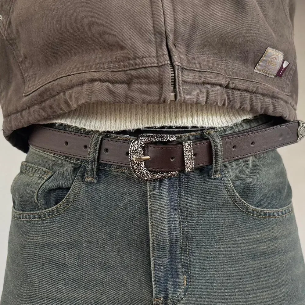 Y2K Brown Western Cowboy Belt – Boho Style, Unisex, Fits 26–34, Brand New